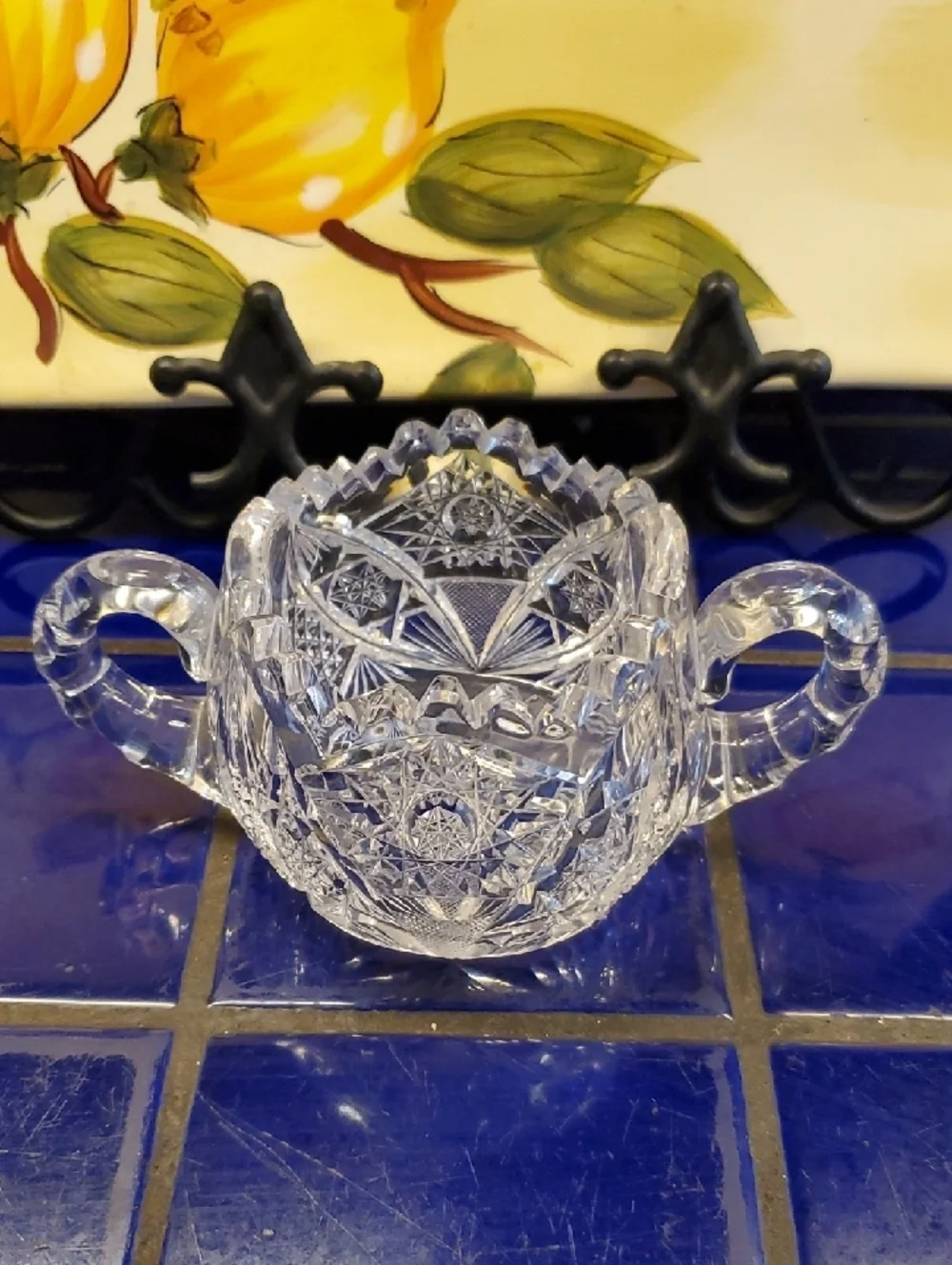 Vintage Starburst Crystal Cut Glass Creamer and Sugar Set